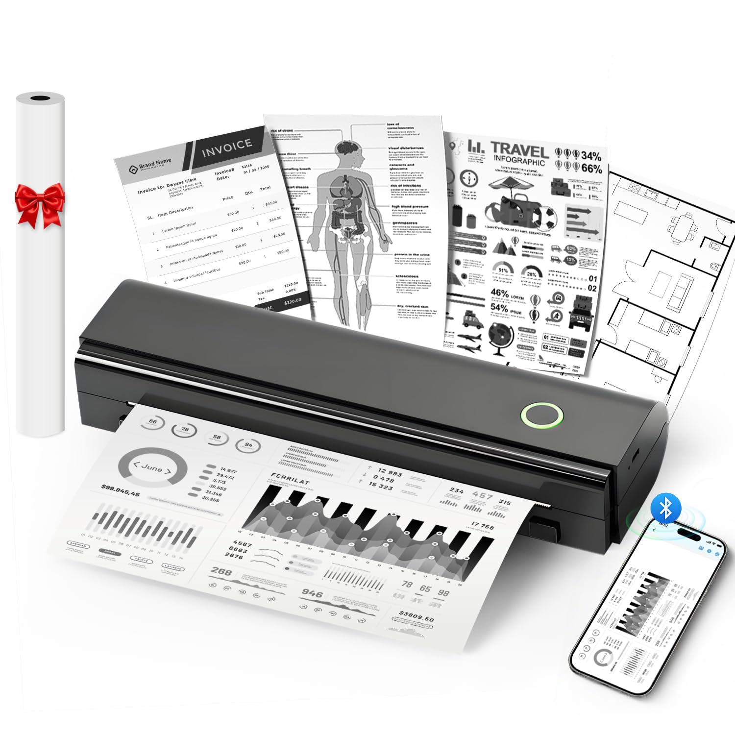 Portable Printers Wireless for Travel, N80 Wireless Thermal Printer Bluetooth Inkless Printer Support 8.5 X 11 US Letter & A4, Compatible with iOS, Android, Laptop