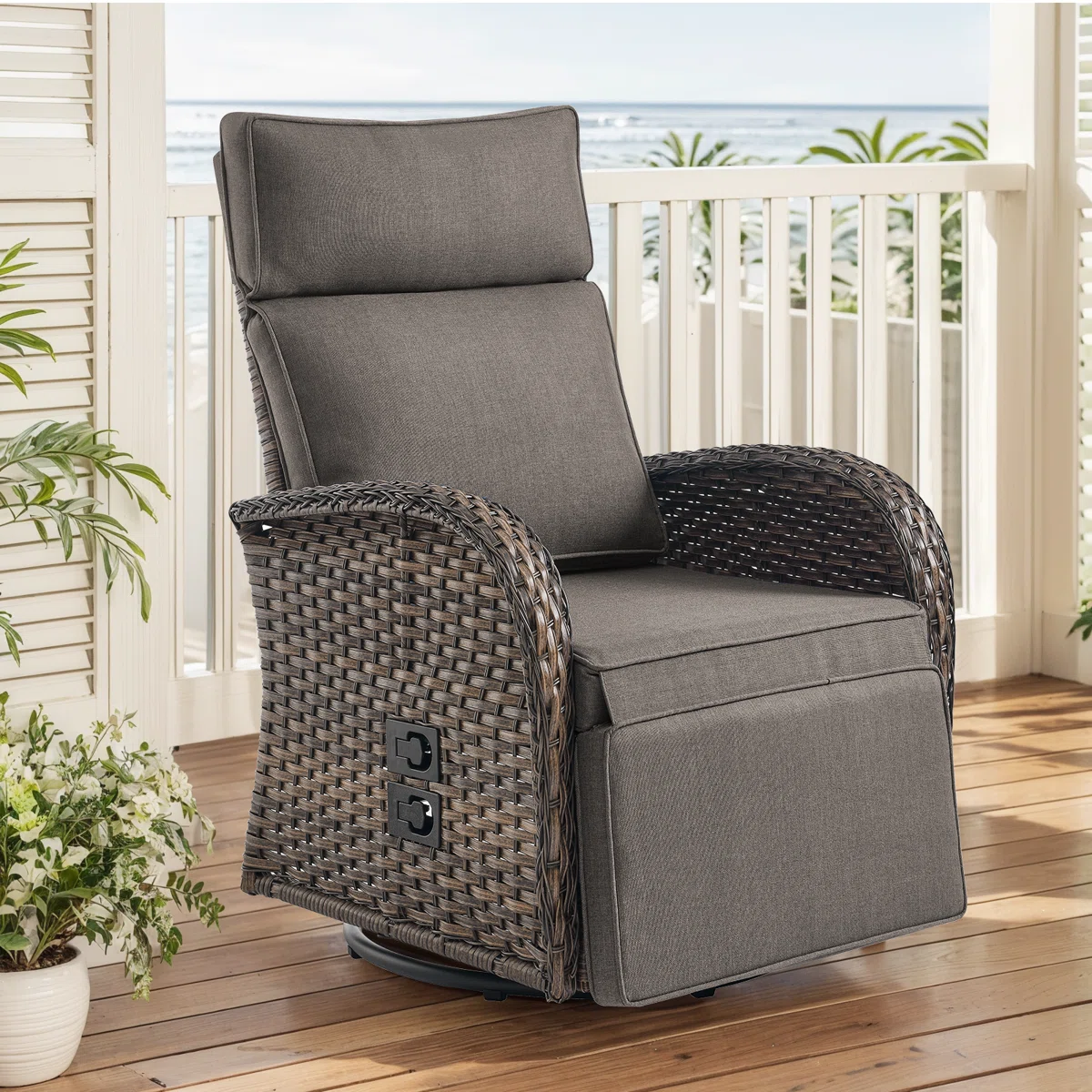 Serita Outdoor All-Weather PE Wicker Adjustable Reclining Lounge Chair With Cushions, Swivel Recliner Chair
