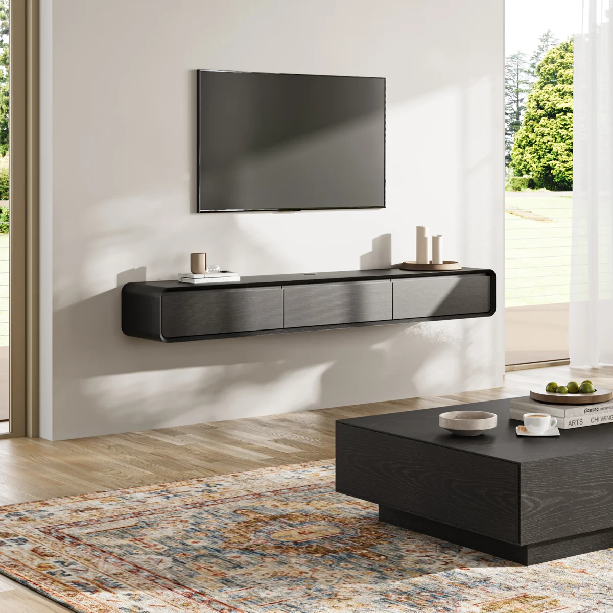 Floating TV Stand, Entertainment Center with 4 Drawers, Solid Wood, Fully-Assembled