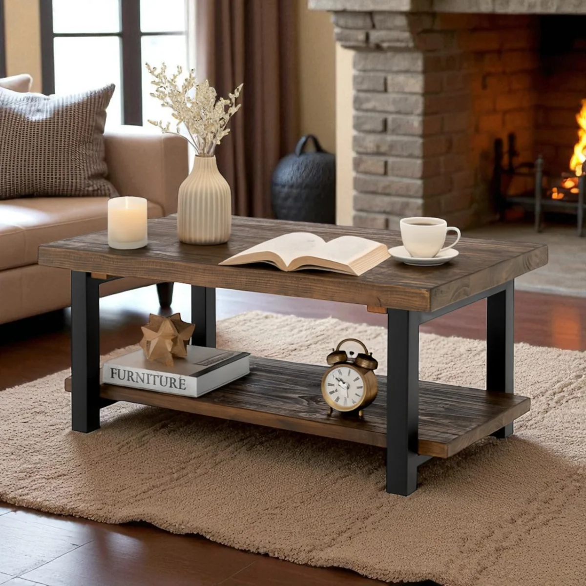 Rundell Pomona Rustic Industrial Modern Vintage Metal and Solid Wood Coffee Table with Storage, Easy Assembly, Small Rectangle Coffee Table, 42 in x 24 in x 18 in