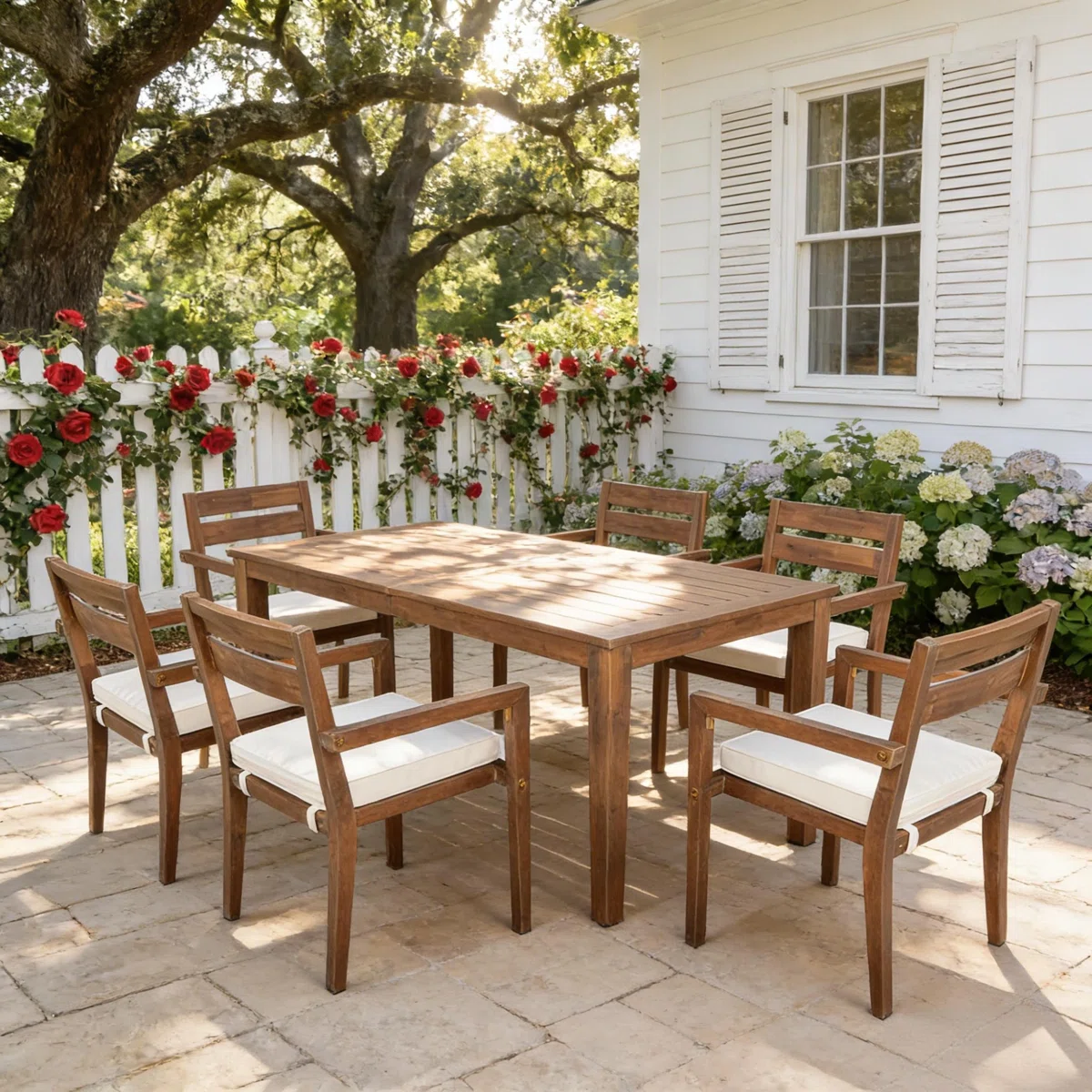 Box 3/3 7-Piece Acacia Wood Outdoor Dining Set With Cushions, Patio Table And 6 Chairs