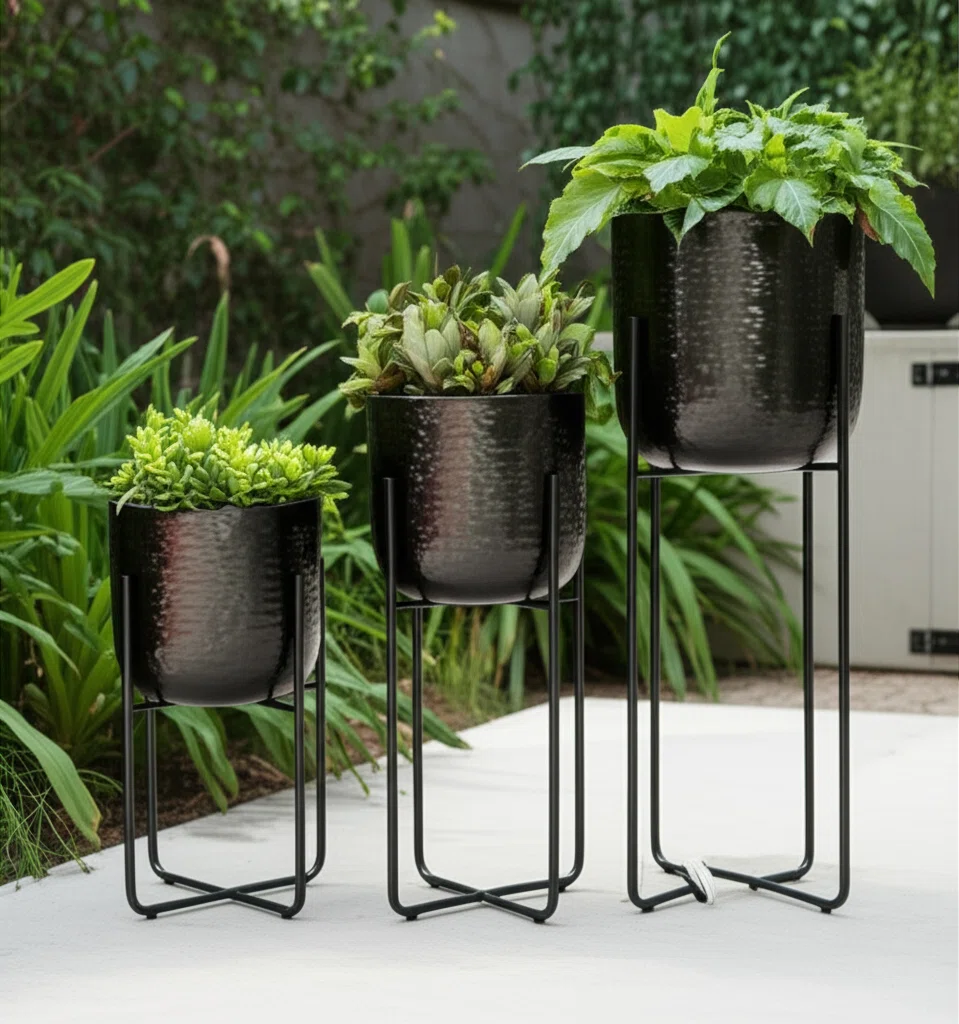 Metal Iron Planter Set With Textured Hammered Design And Modern Geometric Stands, Decorative Accent For Indoor Or Outdoor Display, Set Of 3
