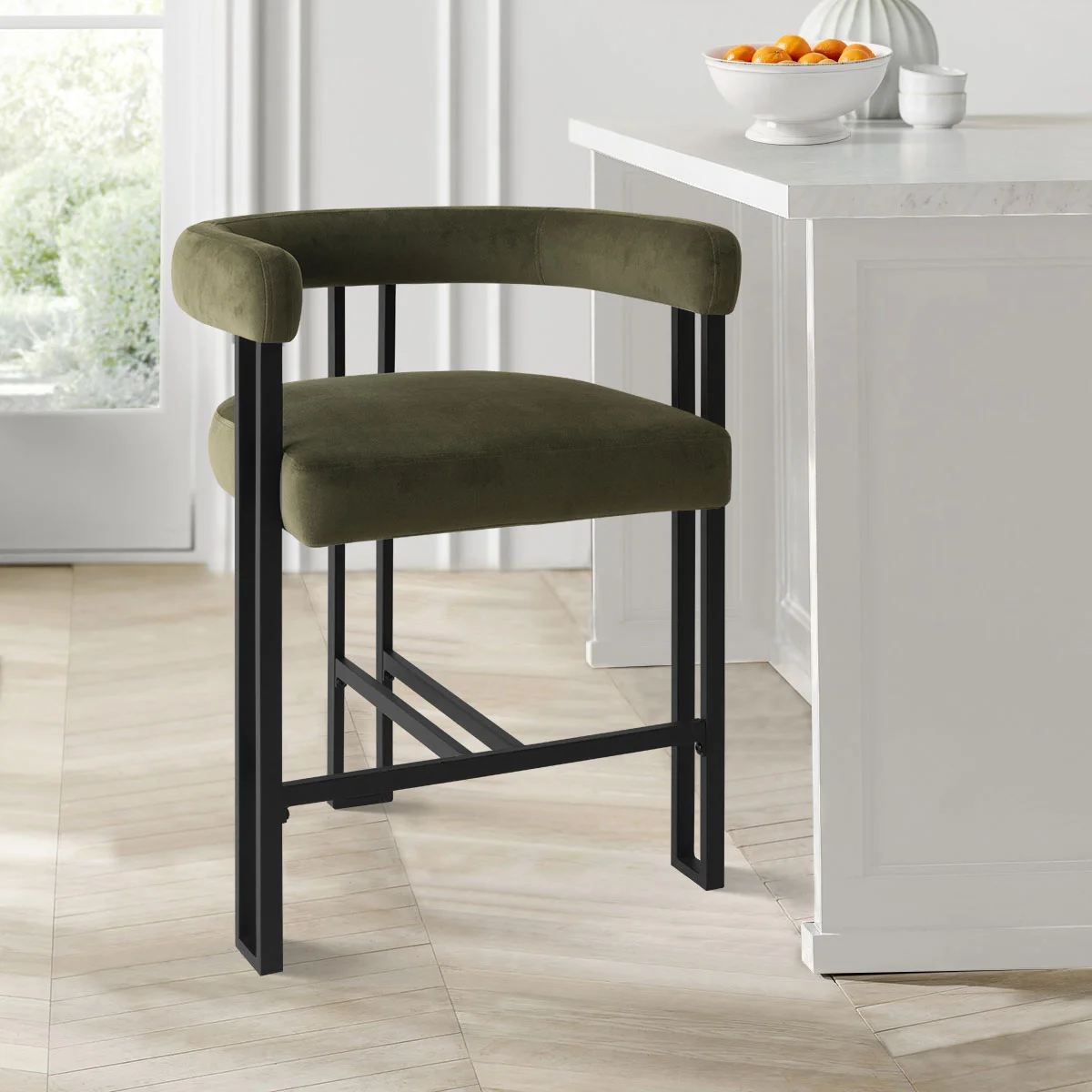 24" Seat Height Upholstered Velvet Counter Stool With Arms