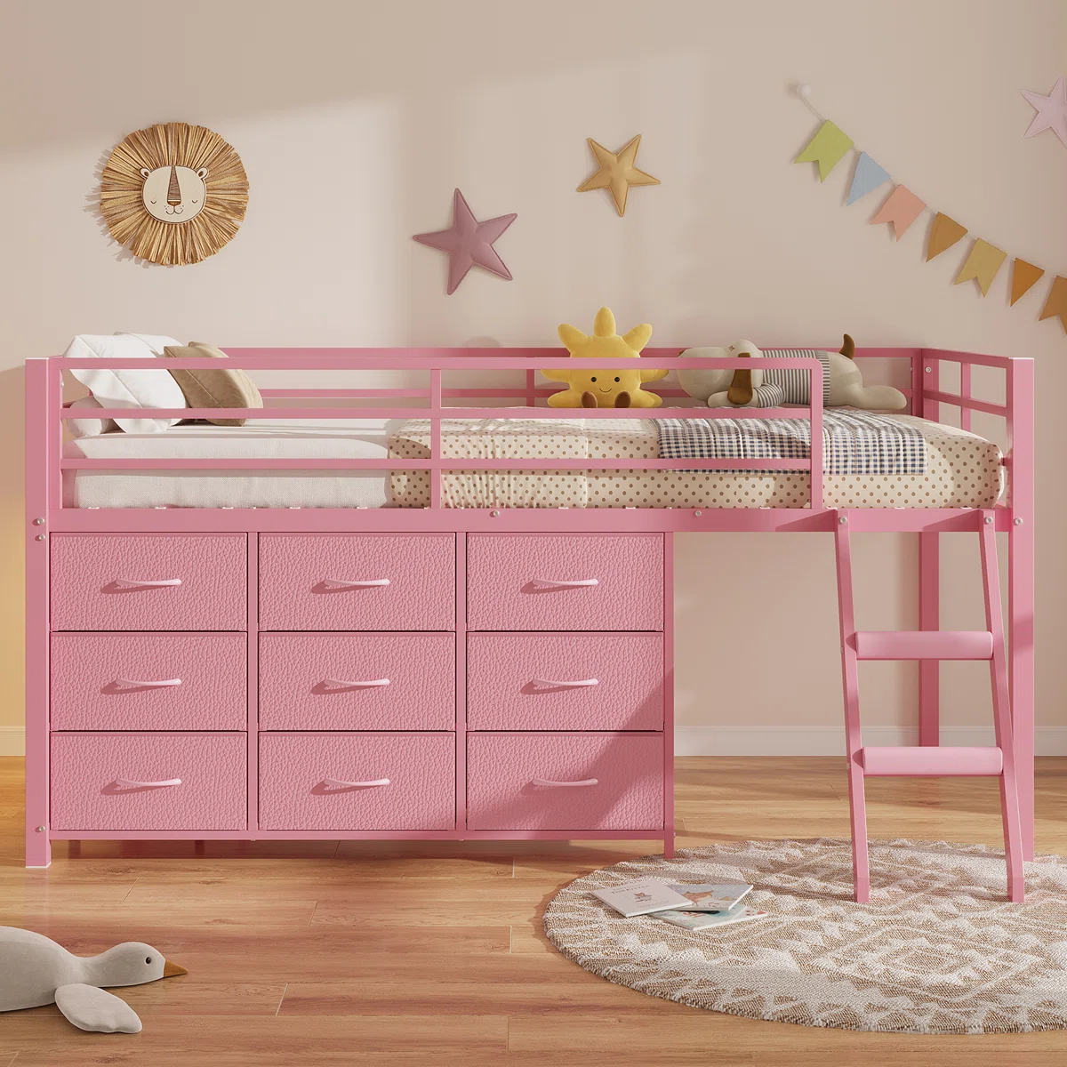 Twin Size Loft Bed With Led Lights,9 Drawers Dresser, 2 Storage Shelves & Stairs, Low Metal Loft Bed Twin With 13.8in Guardrail, Space Saving