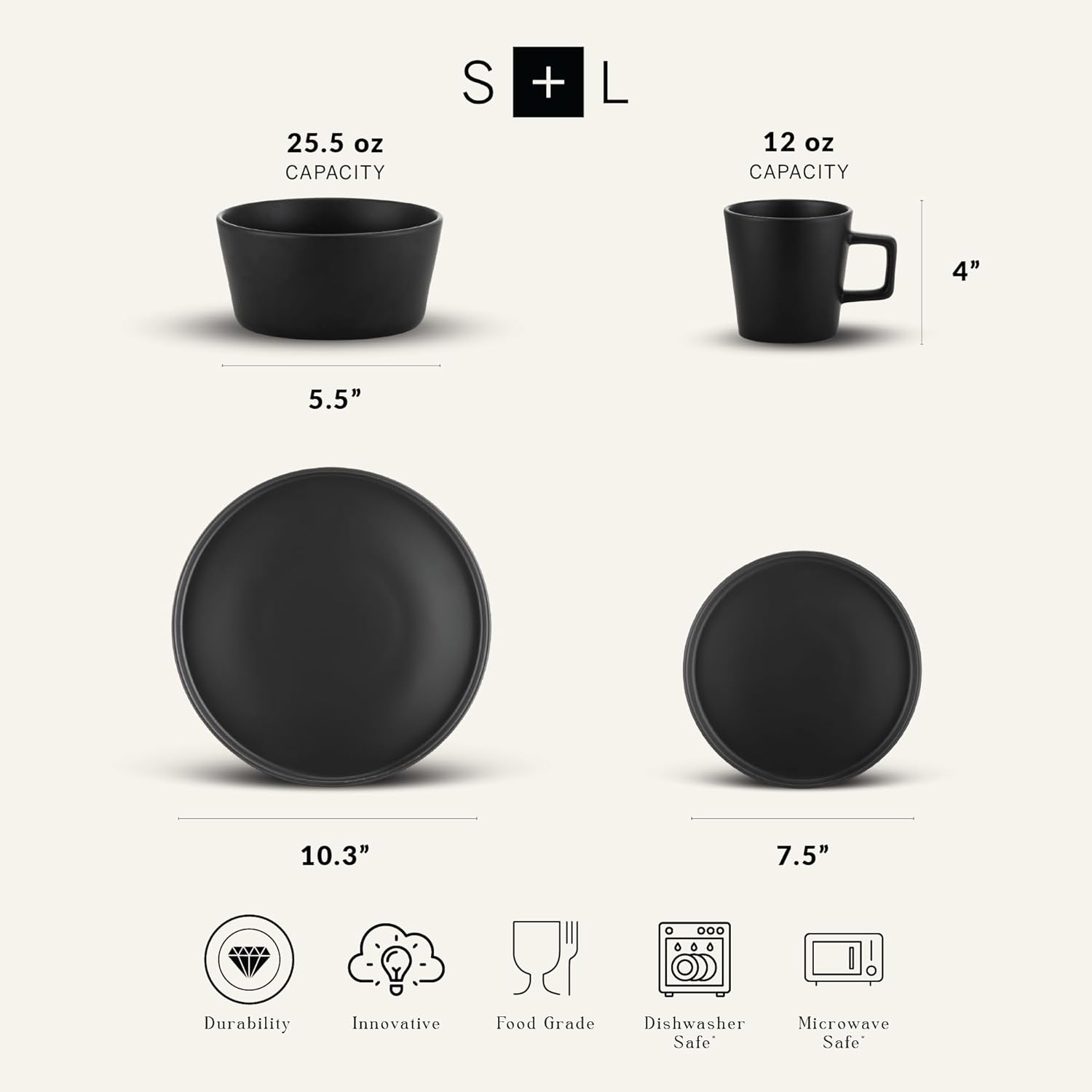 Stone Lain Celina Stoneware 16 Piece Modern Dinnerware Set, Plates and Bowls, Black Matte, Service for 4, Microwave & Dishwasher Safe Dinnerware Set Service For 4 Matte Black