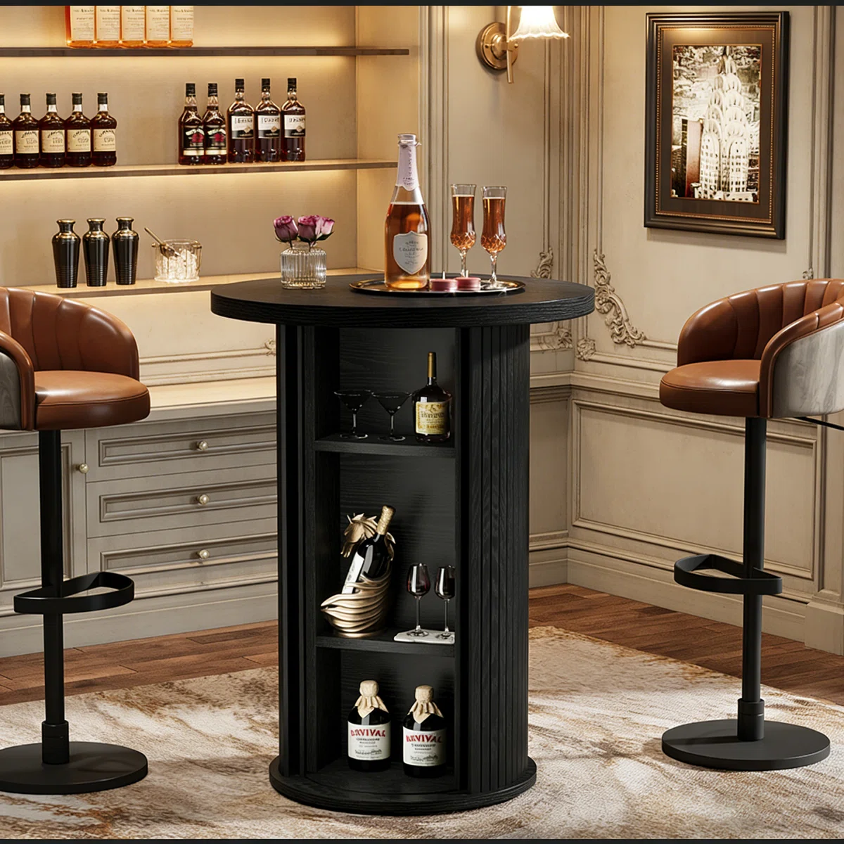 Round Bar Table With Hidden Storage, 35.4" Bar Height Cocktail Table