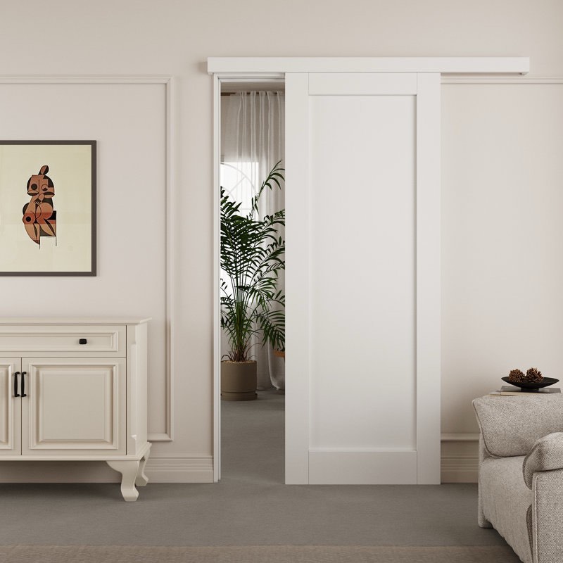 (damaged )Hidden Style Track Solid Manufactured Wood Panel White Primed Sliding  Barn Door With Installation Hardware Kit(No Assembly Required)