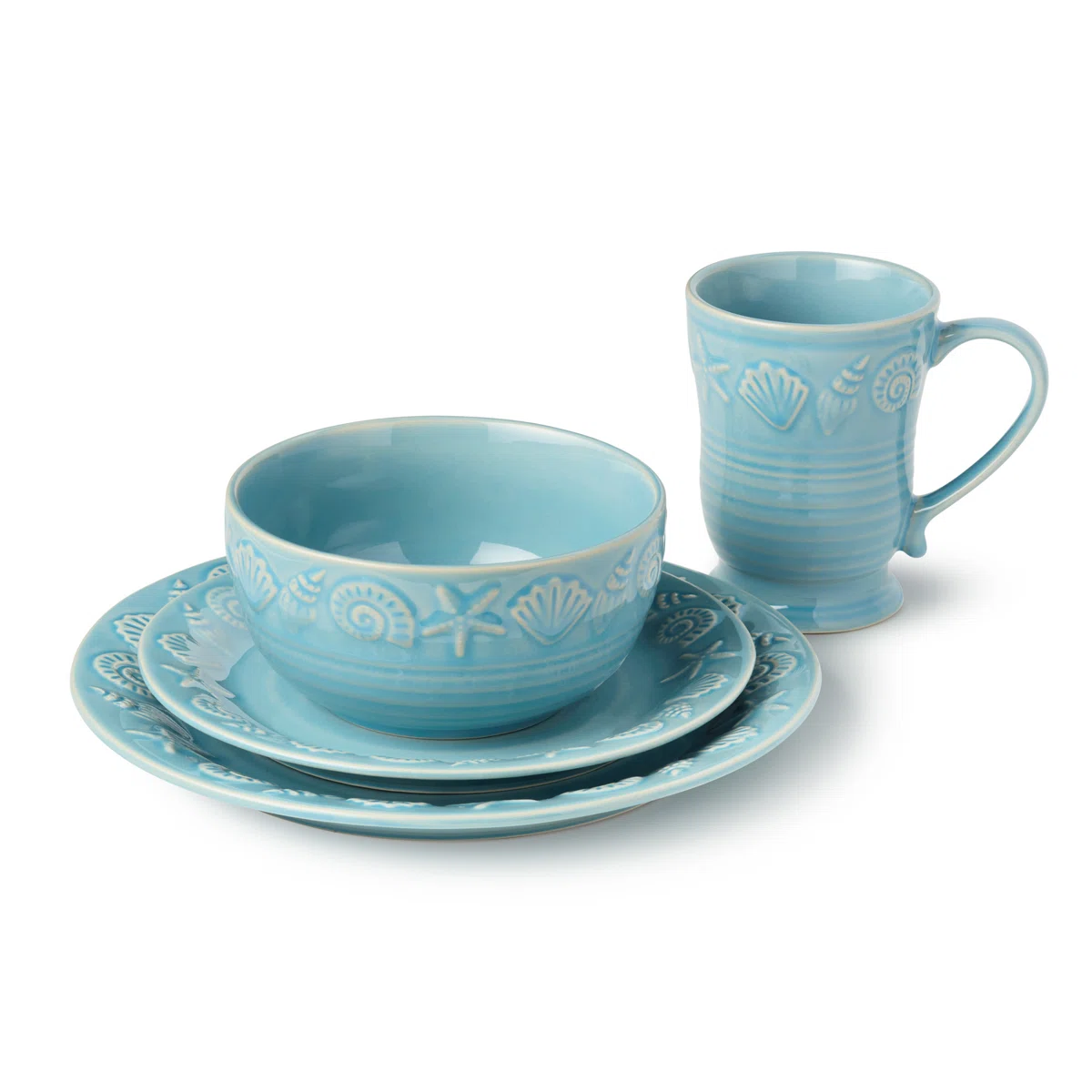 Coastline Blue 16-Piece Stoneware Dinnerware Set, Service for 4 with embossed coastal shells and starfish, durable sea-blue tableware for relaxed coastal living, everyday meals and beach house dining