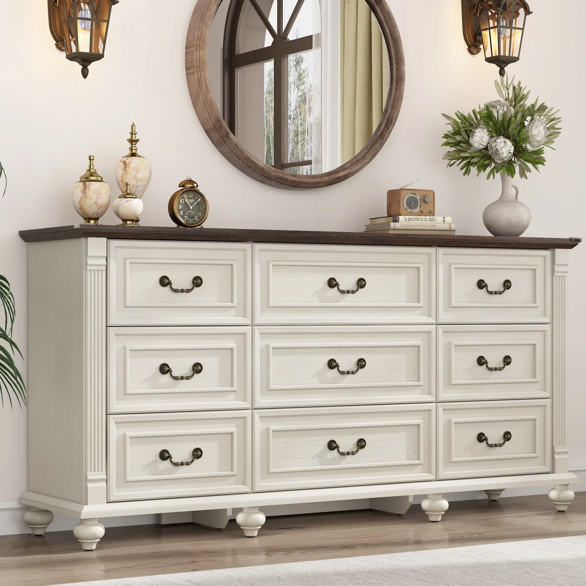 63" Farmhouse 9 Drawer Wood Dresser For Bedroom With 6 Solid Wood Feet And Roman Column Decor