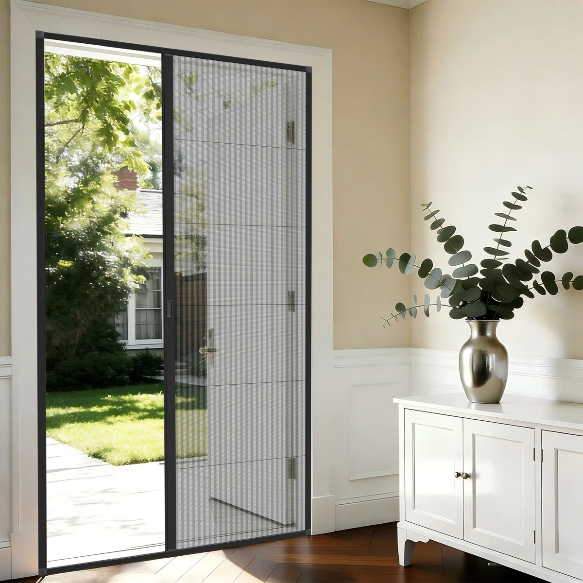 80" Retractable Screen Door, Heavy-Duty Aluminum Frame, Tear-Resistant Mesh, Foldable Design for Front Door, Patio & Balcony, Anti-Pest Screen Door, White