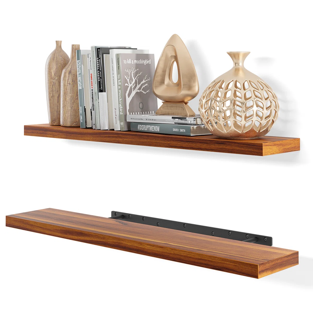 Set of 2 Solid Acacia Floating Shelves for Bedroom, Bathroom & Kitchen