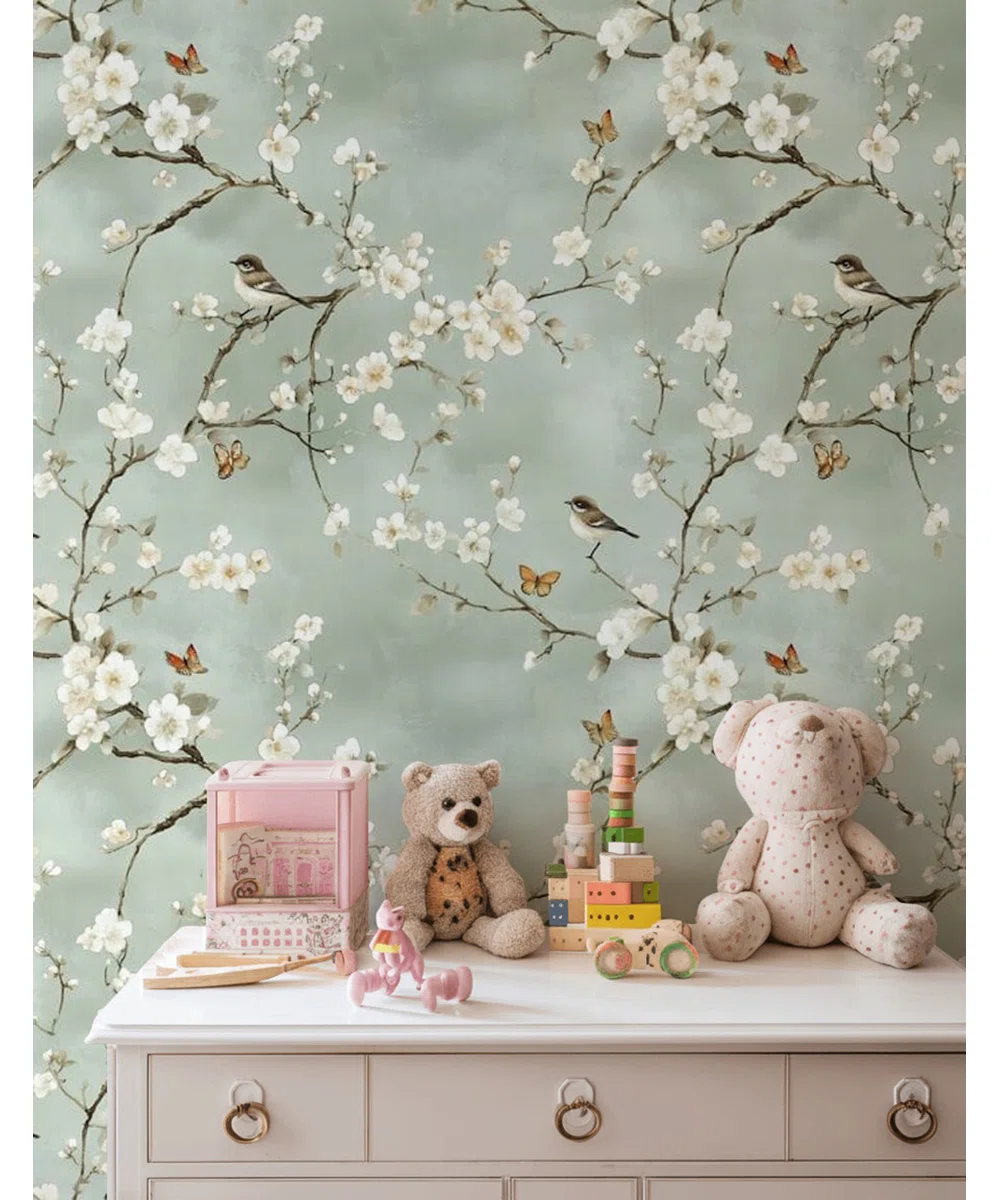 Sage Green Cherry Blossom Wallpaper Birds & Butterflies Wall Mural Serene Peel and Stick Roll