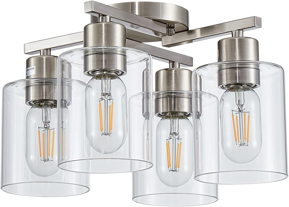 Semi Flush Mount Ceiling Light Kitchen Lighting Fixtures Ceiling Brushed Nickel Kitchen Cieling Light Fixtures with Clear Glass Shade for Dining Room Bedroom Living Room Hallway E26 Scoket Brushed Nickel 4 light