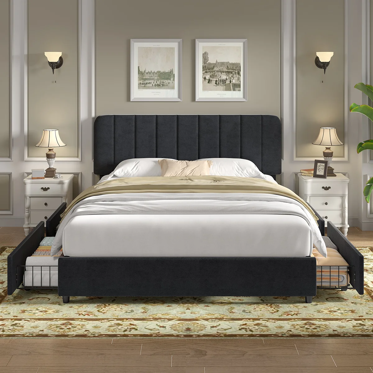 Full Huntsville 4-Drawer Velvet Upholstered Platform Bed