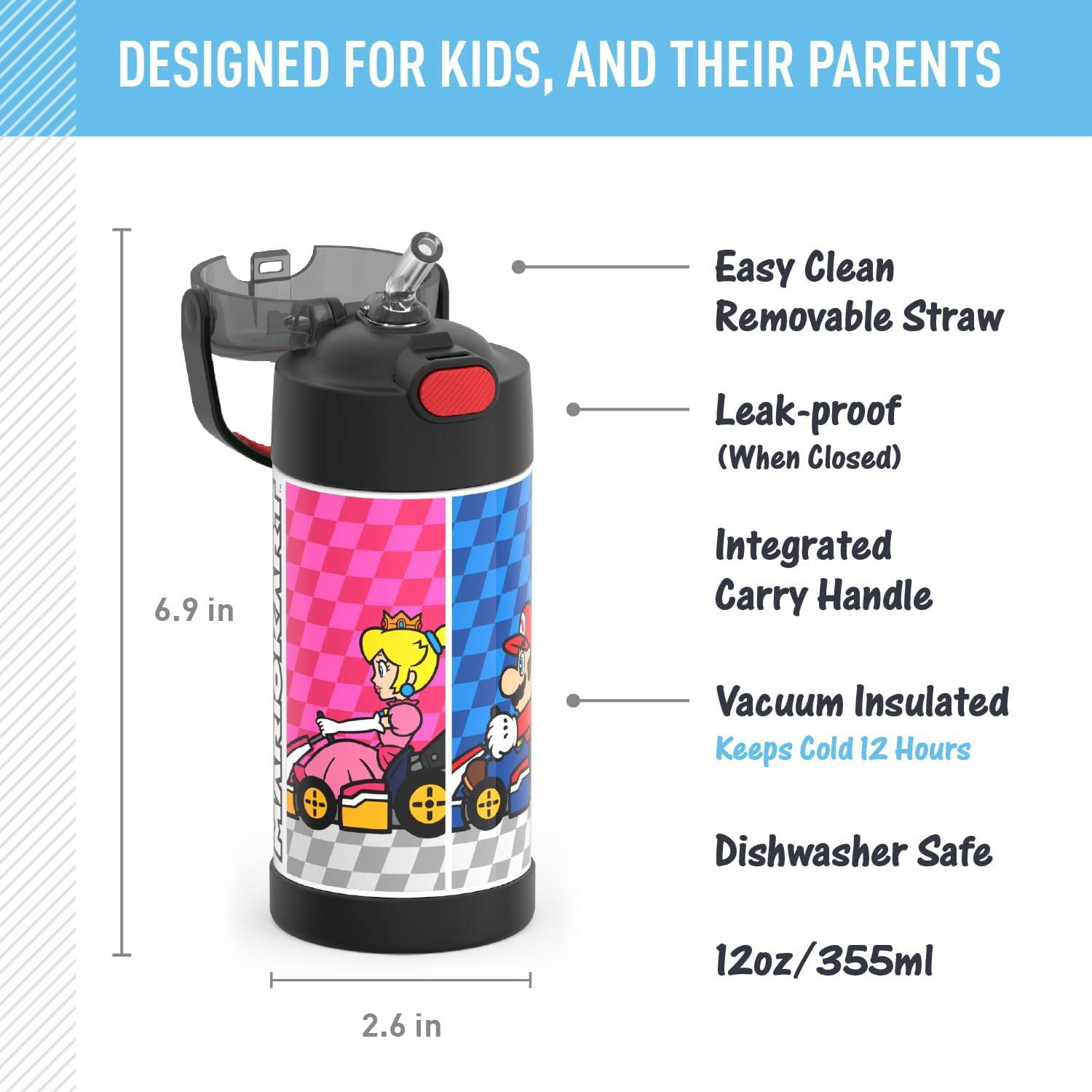 THERMOS FUNTAINER Water Bottle with Straw - 12 Ounce - Kids Stainless Steel Vacuum Insulated Water Bottle with Lid, Super Mario Brothers Super Mario Brothers 12 Ounces