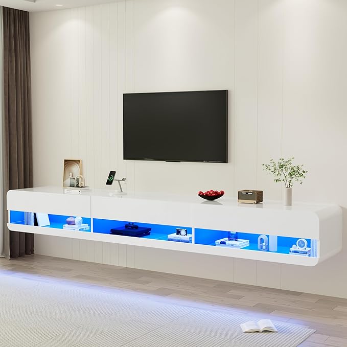 Floating Tv Stand For 75" Tv, Led Wall-mounted Entertainment Center With Charging Station, Floating Tv Shelf For Living Room, Bedroom