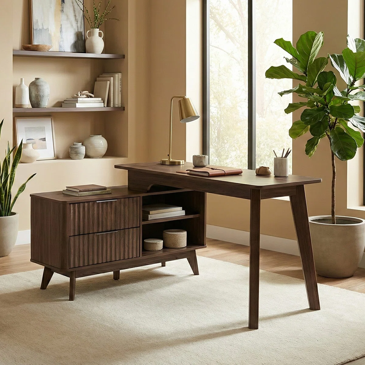 Jurine 55,12" L Shaped Writing Desk with Storage Cabinet