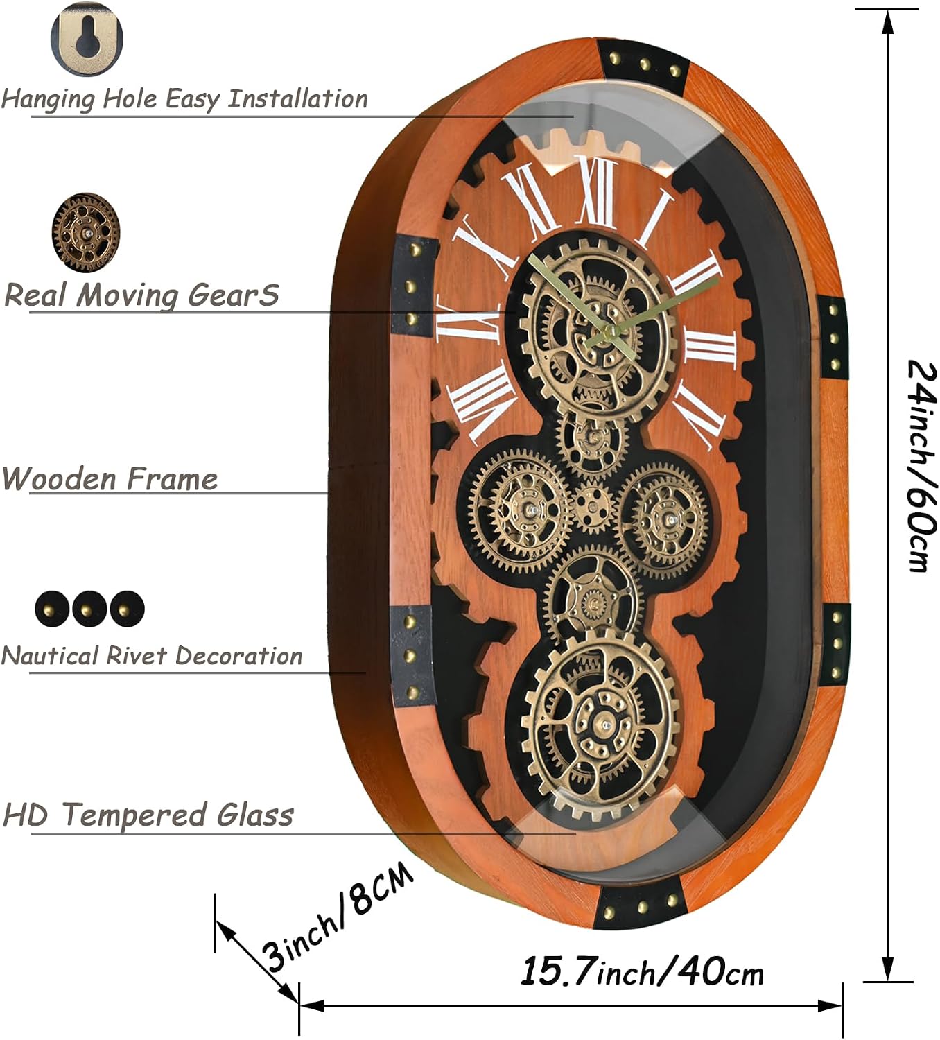 Industrial Gear Wall Clock, Vintage Style, Black and Gold (Mahogany, 24 inch)