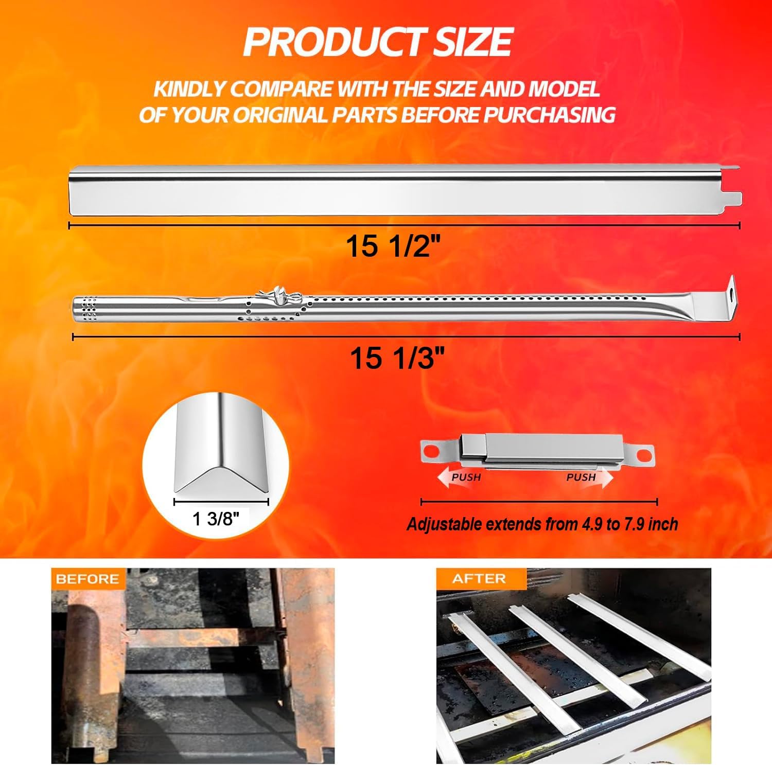 Grill Replacement Parts for Charbroil Performance 4 Burner Gas Grill 463365021 463365522 463352521, 5 Burner 463450022, 2 Burner 463630021, Grill Burners Kit with Heat Plate, Crossover Tube, Igniter 15 1/2 x 15 1/3-4Burner