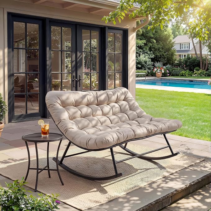 Oversized Papasan Rocking Egg Chair for Outdoor - Rattan Wicker Recliner with Thick Removable Cushion, Sturdy Metal Frame, 660lbs Capacity, for Patio, Balcony, Porch, Lawn, Living Room - Double White