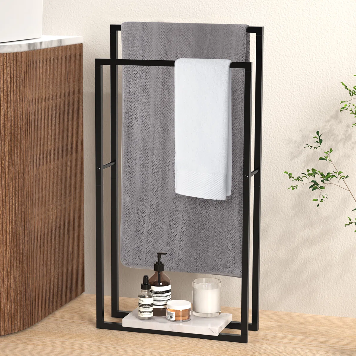 KES Freestanding Towel Rack 2-Tier (34''&38'' Height) Stand with Marble Base for Bathroom Metal Matte Black