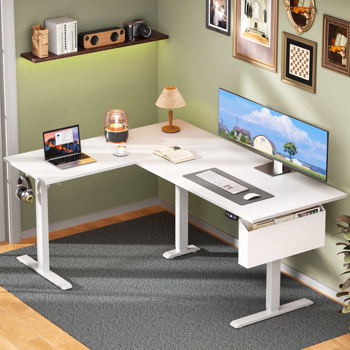 Reversible L-Shaped Electric Standing Desk, Sit-to-Stand Adjustable Height Computer Table with Memory Presets & Storage, Home Office Gaming Desk