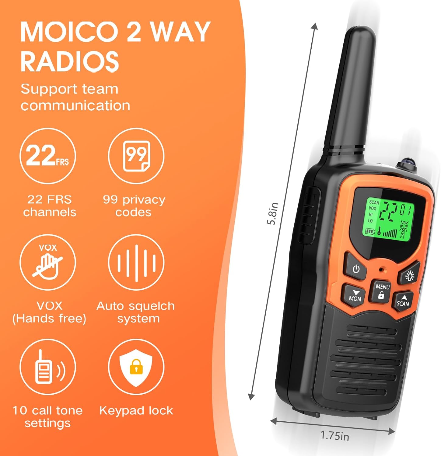 Walkie Talkies, MOICO Long Range Walkie Talkies for Adults with 22 FRS Channels, Family Walkie Talkie with LED Flashlight VOX LCD Display for Hiking Camping Trip (Orange 2 Pack)