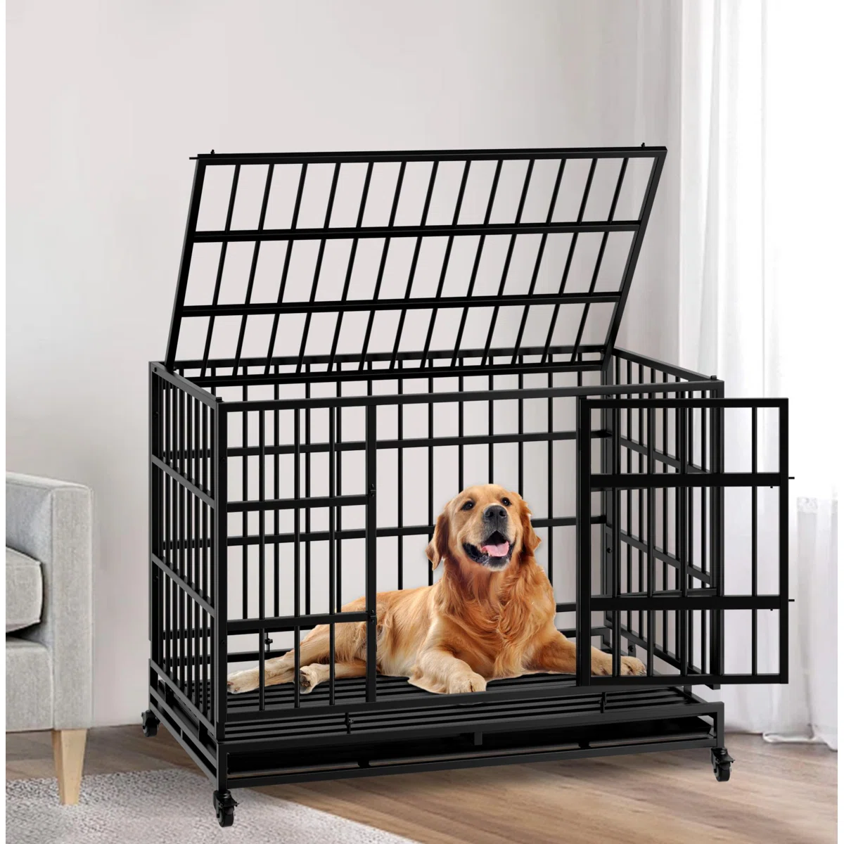 48 Inch Heavy Duty Indestructible Dog Crate with Wheels, Folding Metal Big Dog Cage for Large and Medium Dogs, Cage with Removable Plastic Tray