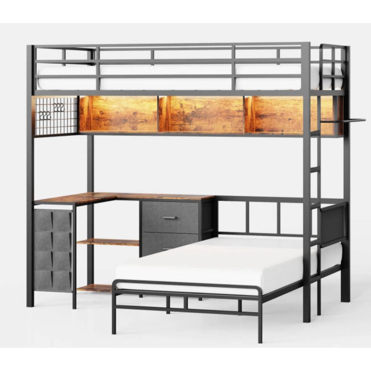 Gaming Bunk Bed with L Desk, Heavy-Duty Bunk Beds with 3 Cube Bookshelf, Led Lights, Charging Station, Twin Over Twin Size Loft Bed with Safety Guardrail, Utilizing Space
