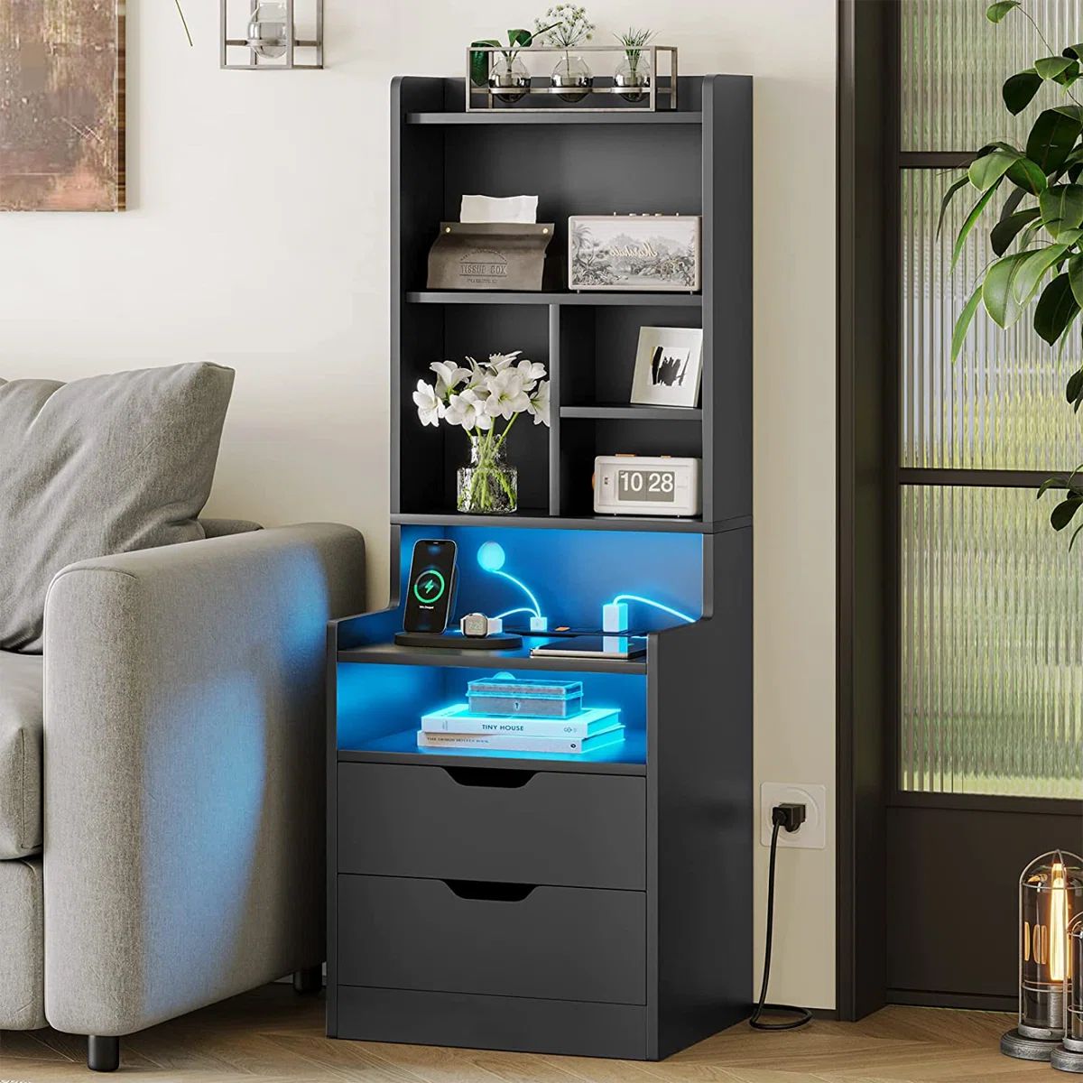 Box 2 Charley-Marie 2 - Drawer Nightstand,50" Tall Nightstand with Charging Station and LED Lights
