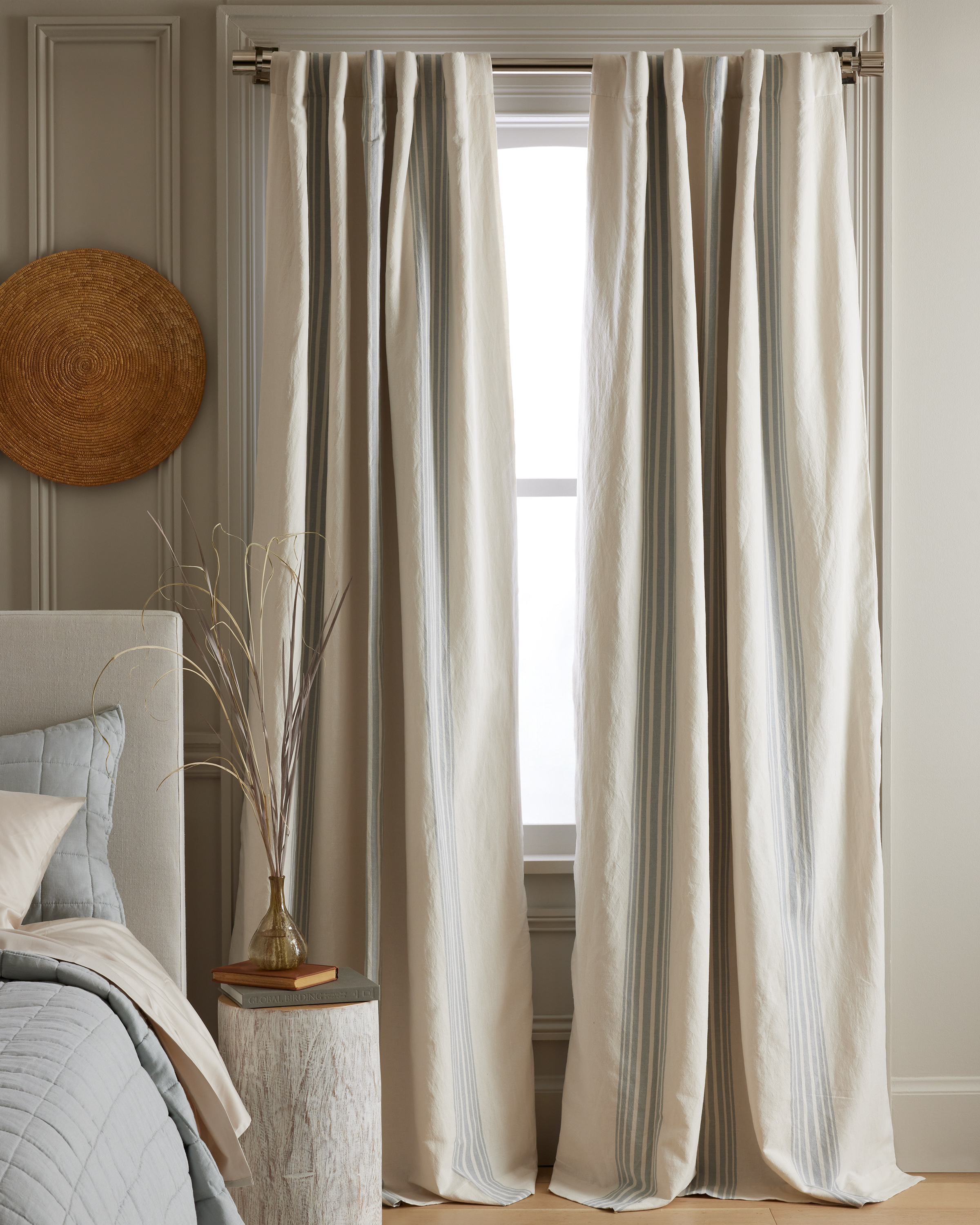 Coastal Stripe Linen Cotton Room Darkening Curtain, 48x84, Ivory/Light Blue