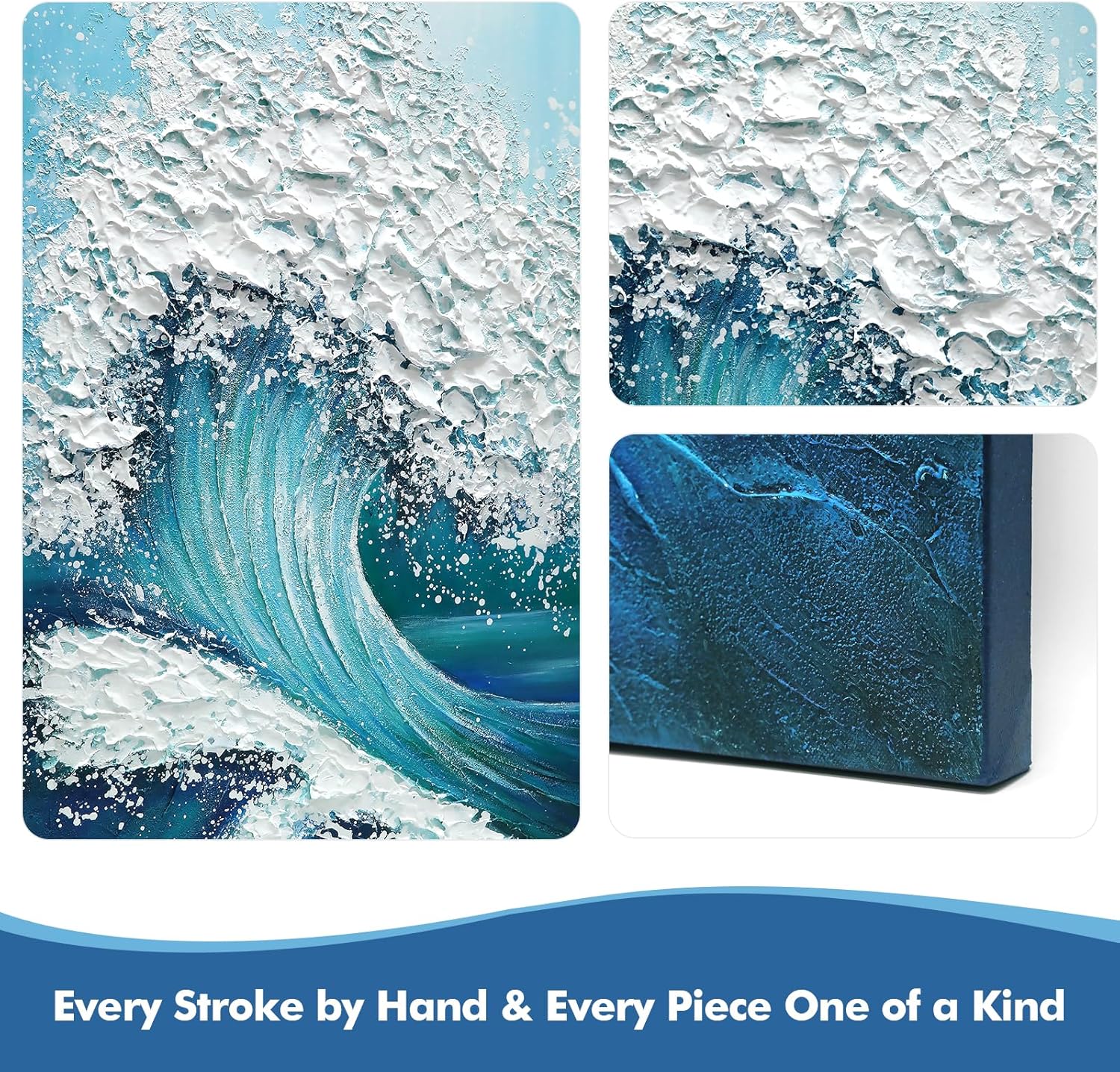 JUHOME Large Abstract Blue Ocean Wave Wall Art,24x36 Hand-Painted Canvas with White Textured Waves, Textured Vertical Painting for Living Room, Bedroom, Office, Coastal Wall Decor 24L x 36W Blue Wall Art