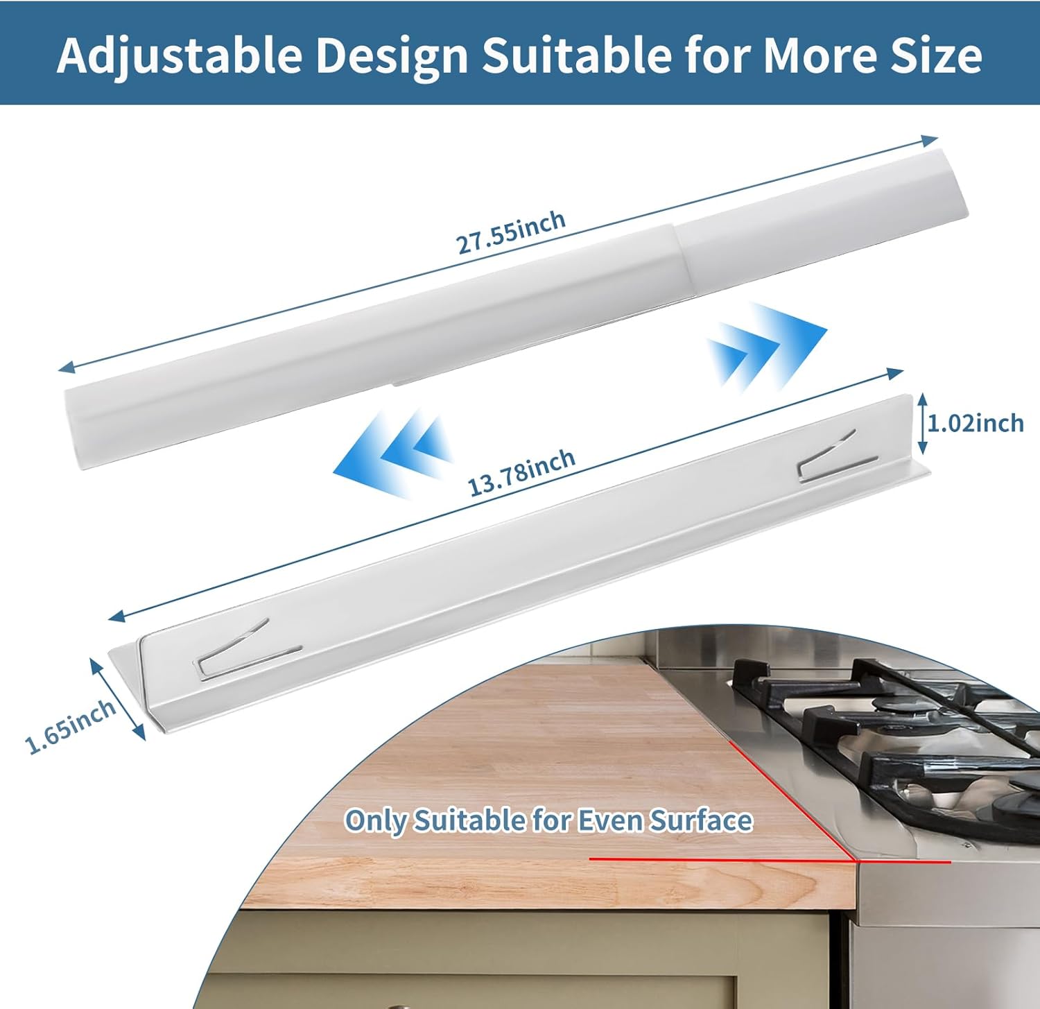 2 PCS Expandable Stainless Steel Stove Gap Covers (13.8-27.5), Kitchen Counter Filler Strip,Easy Retractable Length ， Cooktop Trim Kit，Oven Gap Filler，Heat Resistant Guard Between (Silver)