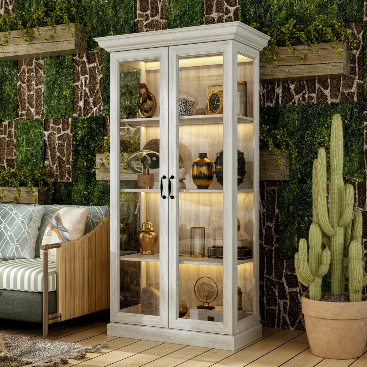 69.3'' H Grey Oak Glass Door Display Cabinet With Warm White LED Lighting
