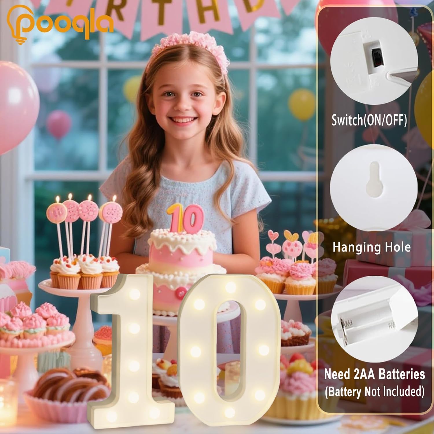 Pooqla Decorative Led Light Up Number Letters, White Plastic Marquee Number Lights Sign Party Wedding Decor Battery Operated Number (0) White Number 0