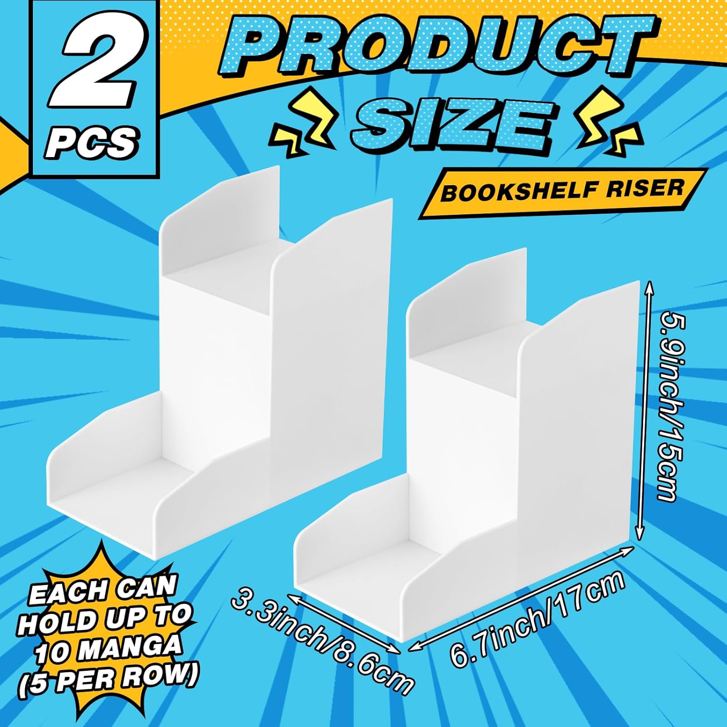 Thyle 2 Pack 2-Tier Manga Shelf Risers, Space-Saving Display Bookshelf Stand Organizer for Manga, Novels & Collectibles, Pla Book Riser for Maximizing Shelf Storage 1