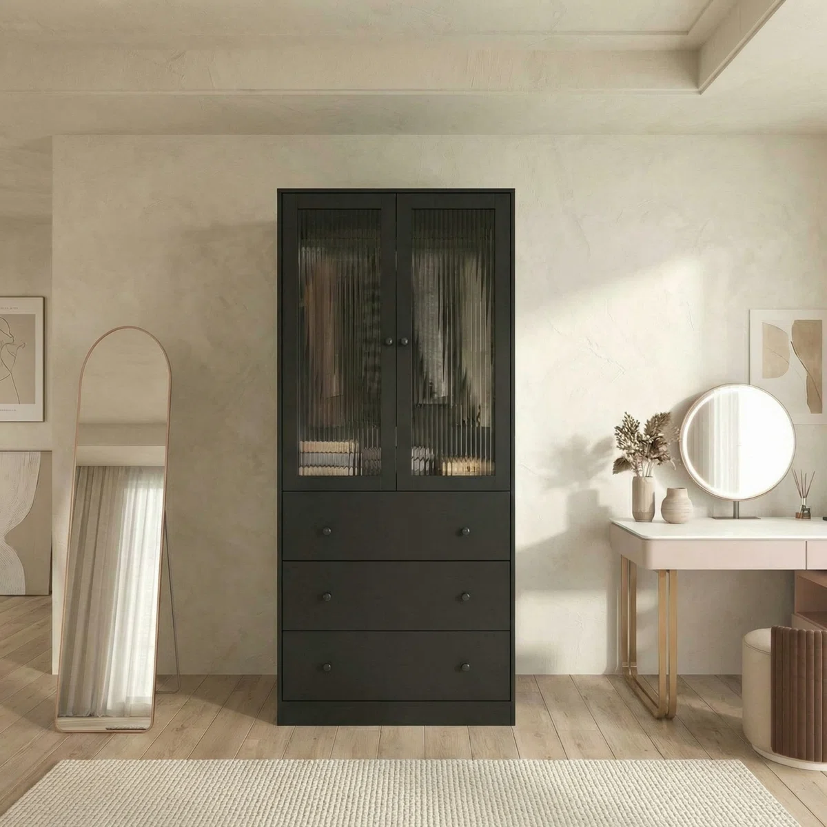 (Box A only) Wood wardrobe with 2 doors and three drawers