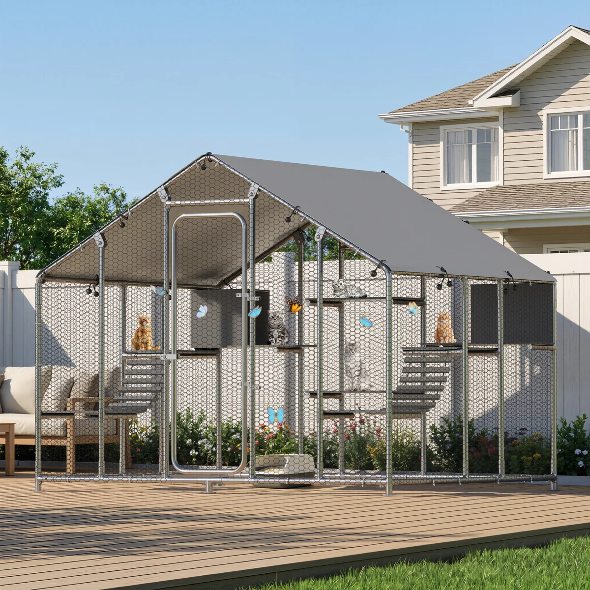 Incomplete Extra Large Catio Outdoor Cat Enclosure For Multiple Cats, Walk-in Cat House Cage With Waterproof Cover, 6 Platforms, 2 Condos & 2 Bridges, Chicken Coop Run, Rabbit Hutch, Pointed Roof