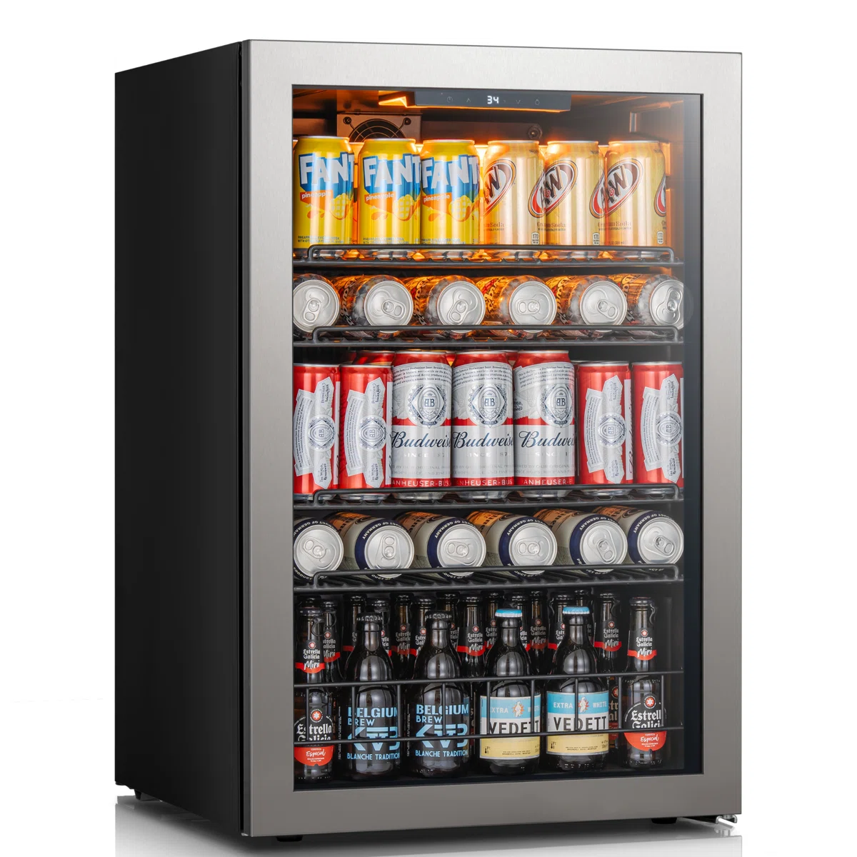 21.7 in. Single Zone 155-Cans Beverage Cooler Freestanding/Countertop Refrigerator Adjustable Shelves in Stainless Steel