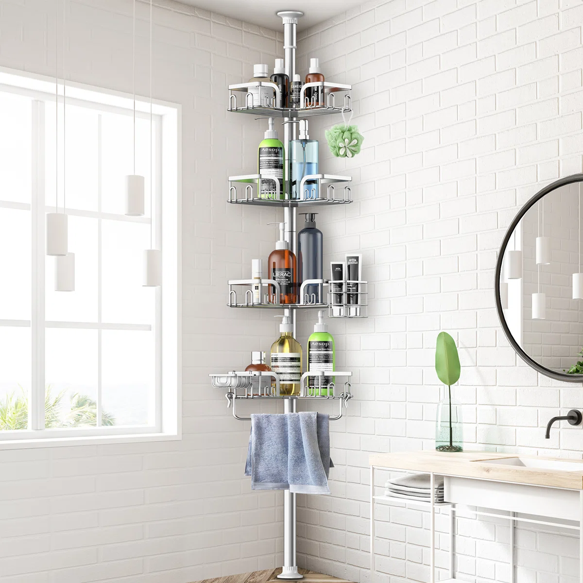 Saraih Stainless Steel Bathroom Towel Rack Tension Corner Shower Caddy Single Panel