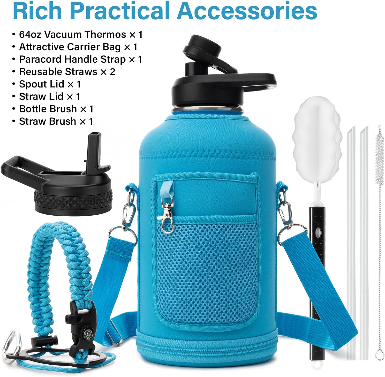 DYSANKY Insulated Water Bottle | Thickened Stainless Steel Vacuum Metal | Portable Sports Half Gallon Large Water Jug for Gym and Hiking with Straw, Carrier Bag, Handle Strap | BPA-Free 64 oz Blue 64 Ounces