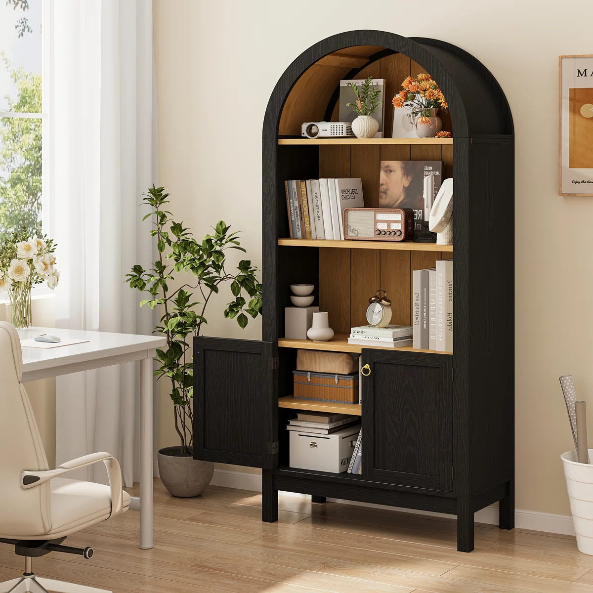 70.5"H X 30.5"W Freestanding Arched Bookcase With Shelves And Cabinet , Modern Open Storage Bookshelf Display Organizer For Bedroom, Livingroom, Home Office