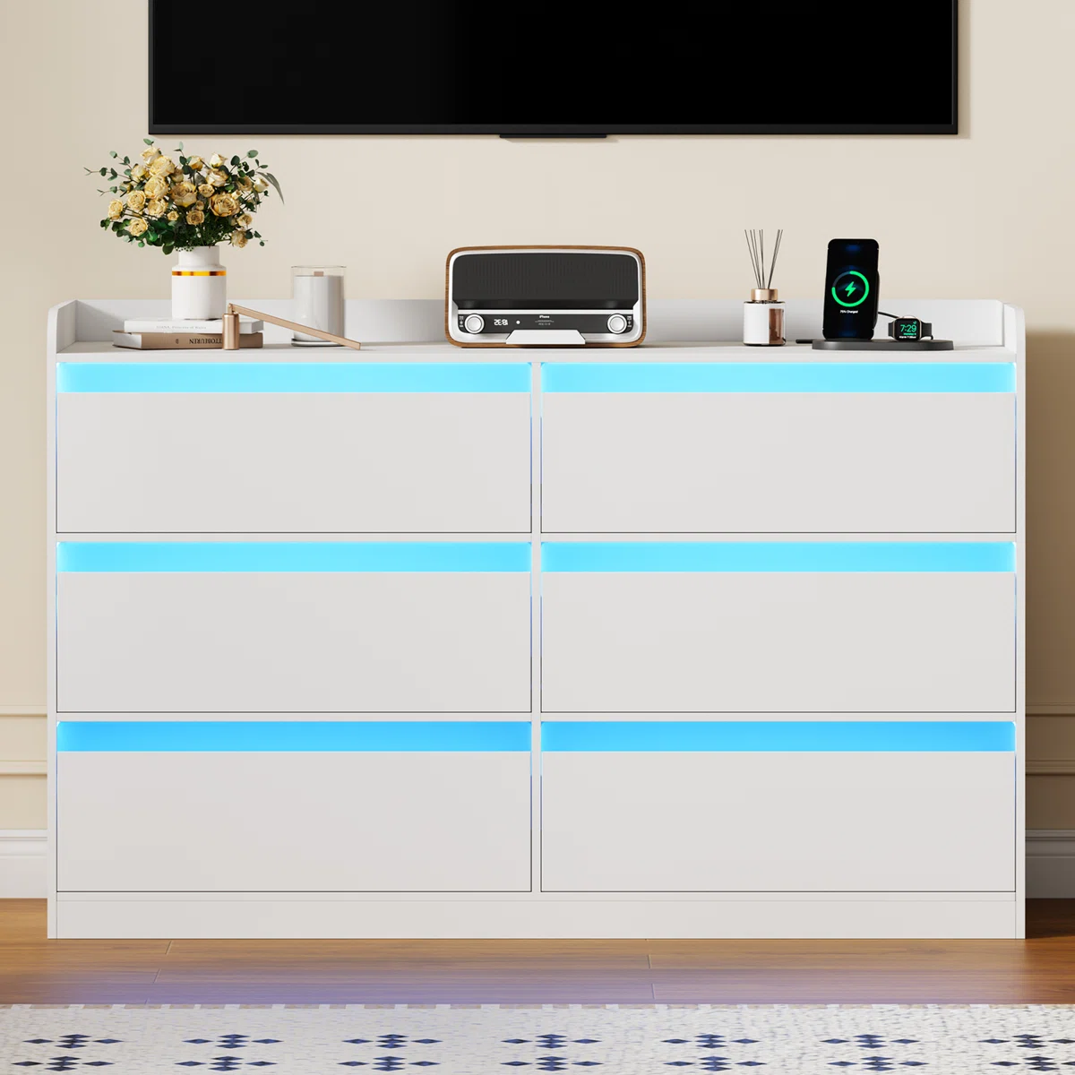 Adriel 6-Drawer 47.3" W Dresser with Power Outlet & LED Light