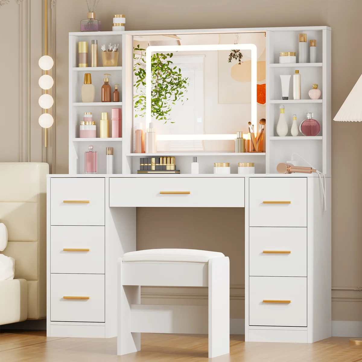Adriel 39.4" Makeup Vanity With Led Lighted Mirror, 7 Drawers, Power Outletand And Stool