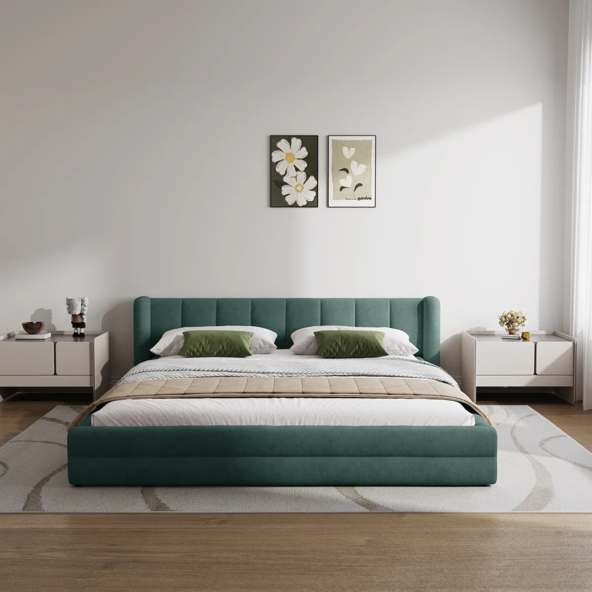 Queen Size Chenille Upholstered Low Bed Frame, Platform Bed With Wingback Headboard
