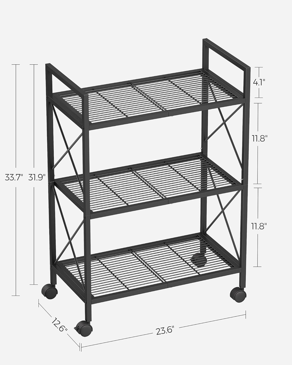 SONGMICS 3-Tier Metal Storage Rack with Wheels, Mesh Shelving Unit with X Side Frames, 23.6-Inch Width, for Entryway, Kitchen, Living Room, Bathroom, Industrial Style, Black UBSC163B01 Black 23.6w