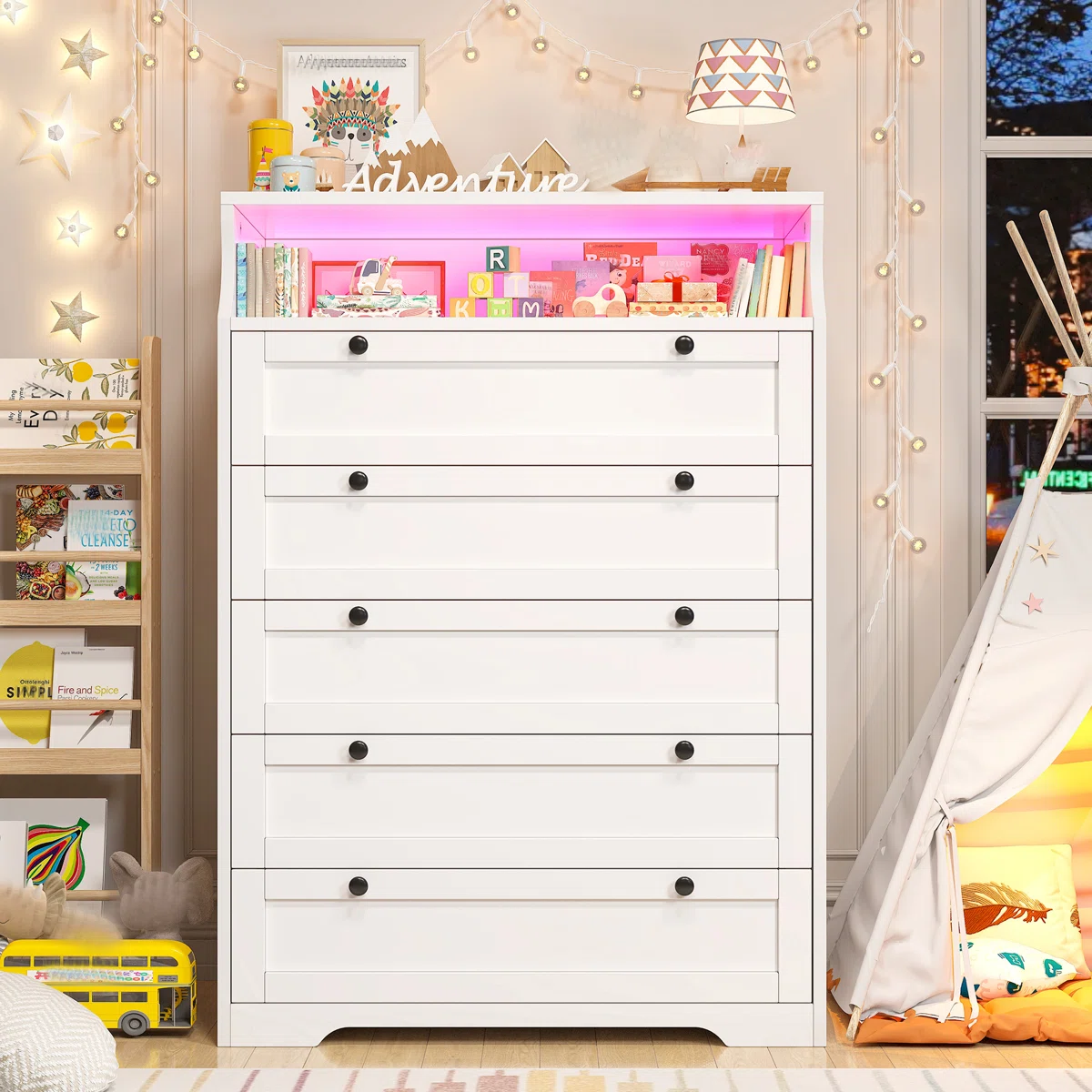 5 Tall Wood Dresser For Bedroom With Led Light And Open Shelves
