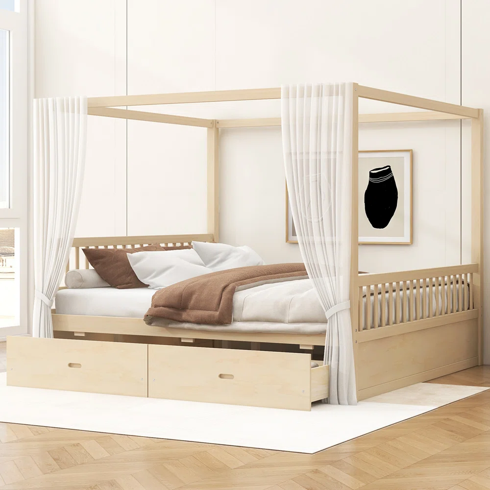 Incomplete 1/2 Wooden Canopy Bed with Storage Drawers