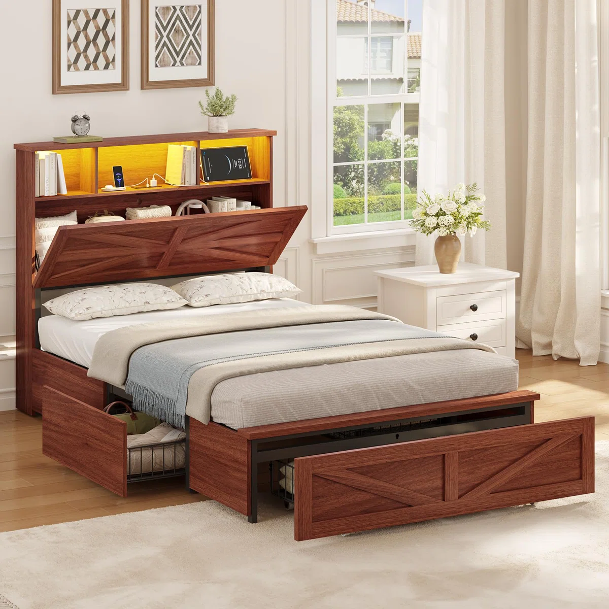 Wood Bed Frame with Footboard Drawers and Spacious Storage Headboard Farmhouse LED Metal Platform Bed with Charging Station No Boxing Need