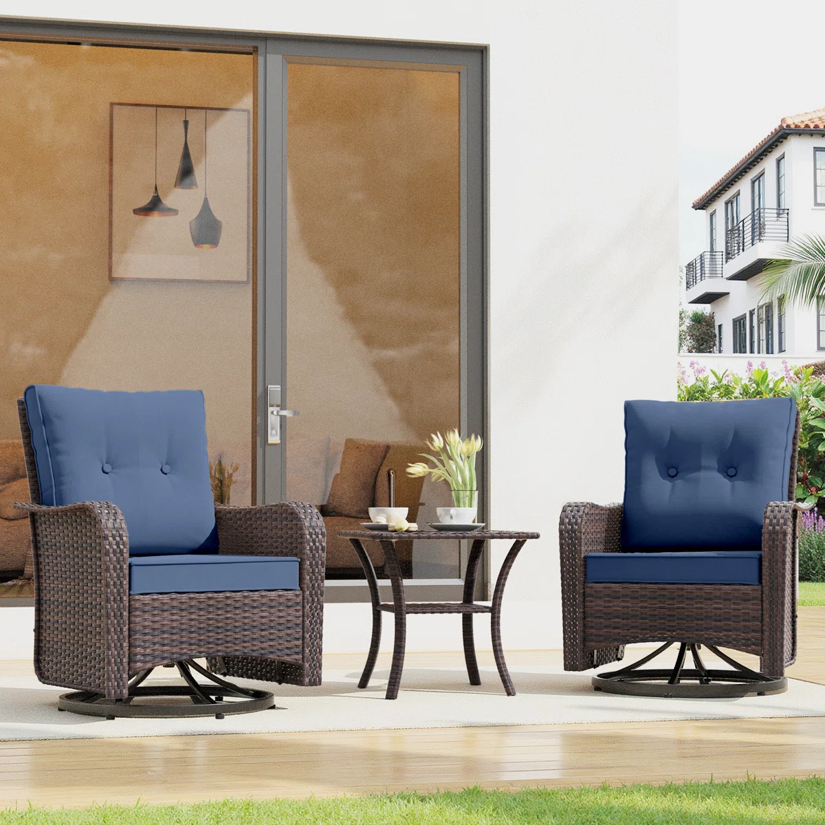 Imalai Outdoor Rocking Swivel Rattan Chair Set Removable Cushions & Coffee Table